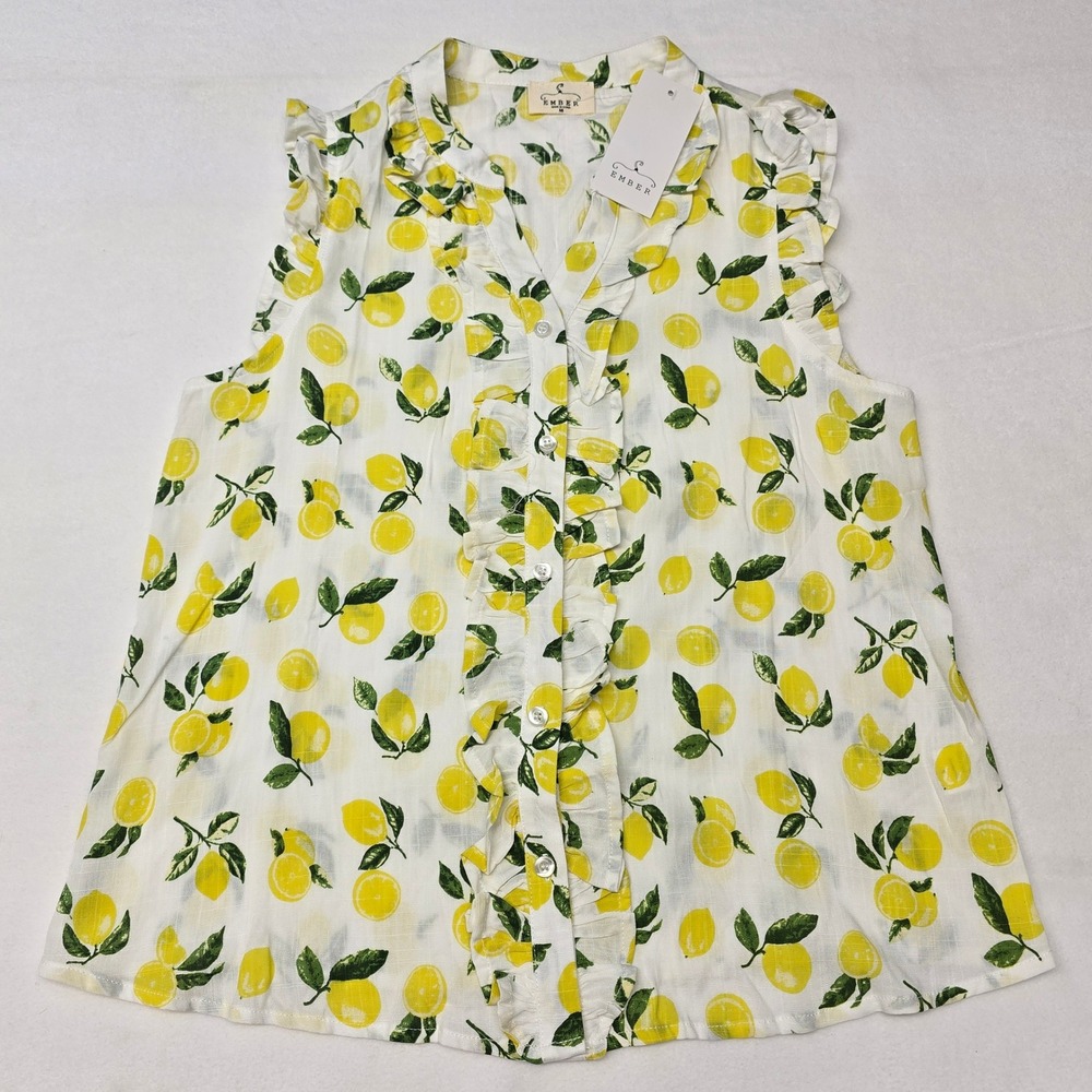 Ember Lemon Print Ruffle Button Front Linen Tank Top Medium Citrus Light Italy - Picture 2 of 8